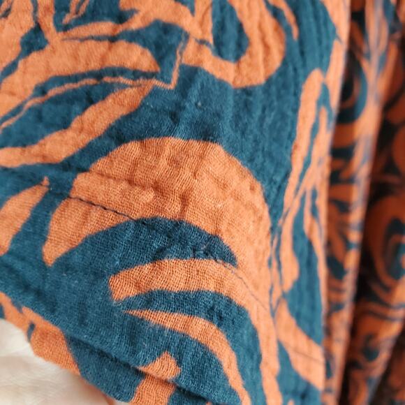 June + Vie Gauze Maxi Dress Abstract Orange Blue Sz 12 Coastal Grandmother - Picture 3 of 10